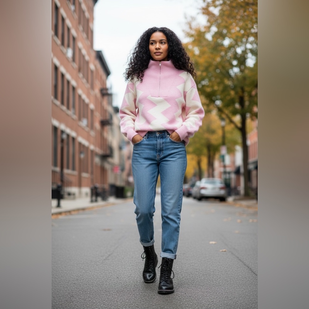 Pink and White Zigzag Women's Sweater